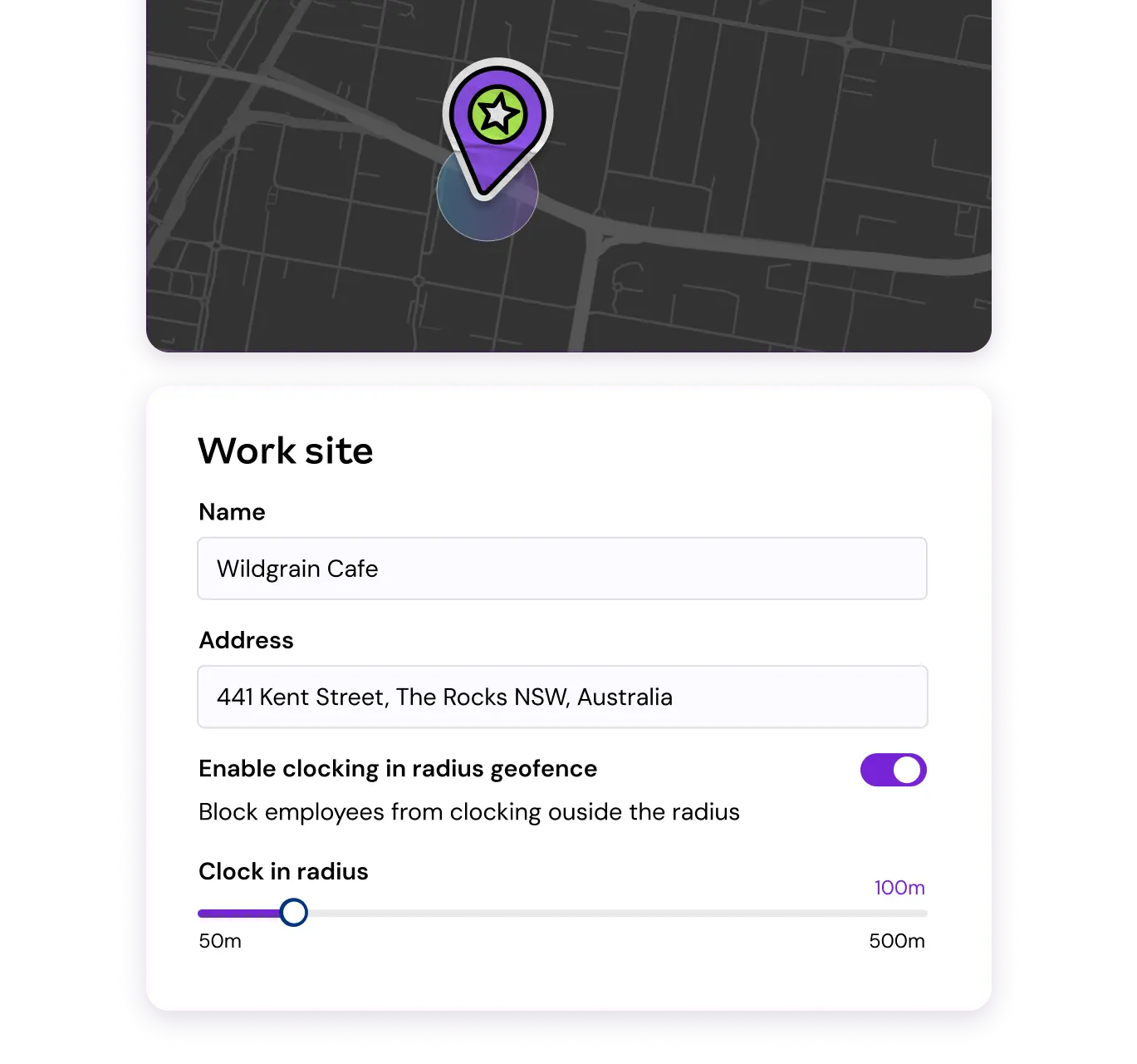 Map interface showing a pin for "Wildgrain Cafe" at 441 Kent Street, Australia. Geofence clock-in enabled with a 50m radius slider.