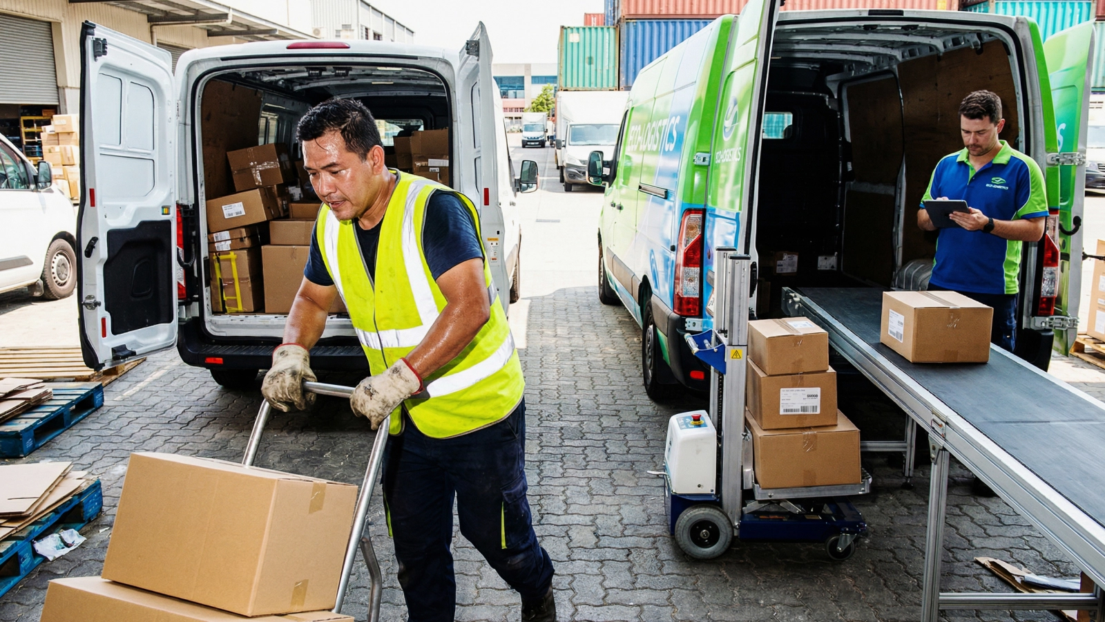 Two men in yellow vests are loading boxes into a van, preparing for transportation.