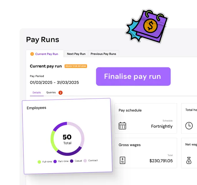 "Payroll dashboard showcasing a pay run overview. Highlights include a 'Finalise pay run' button, employee count, and gross wages of $230,791.05."