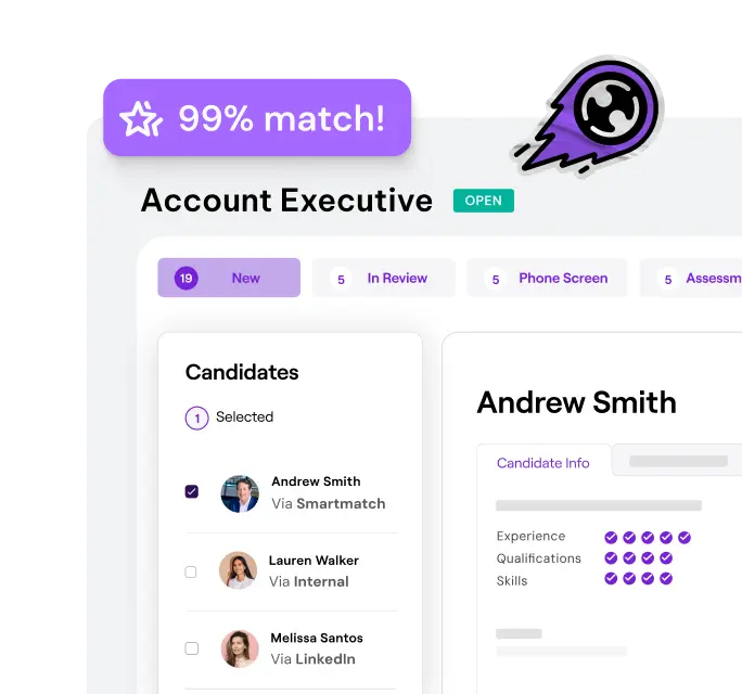 "Recruitment dashboard showcasing a 99% match for an Account Executive position. Highlights a selected candidate, Andrew Smith, via Smartmatch, with experience, qualifications, and skills details marked with purple checkmarks. The interface displays new, in review, and phone screen categories, indicating an organized hiring process."