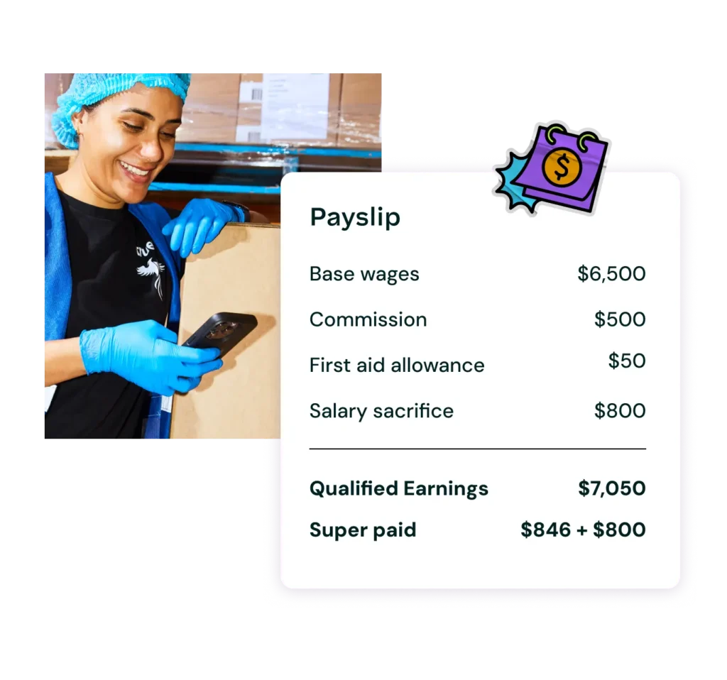 A person wearing a hairnet and gloves smiles while looking at a smartphone. Next to them, a payslip breakdown shows base wages and other earnings.