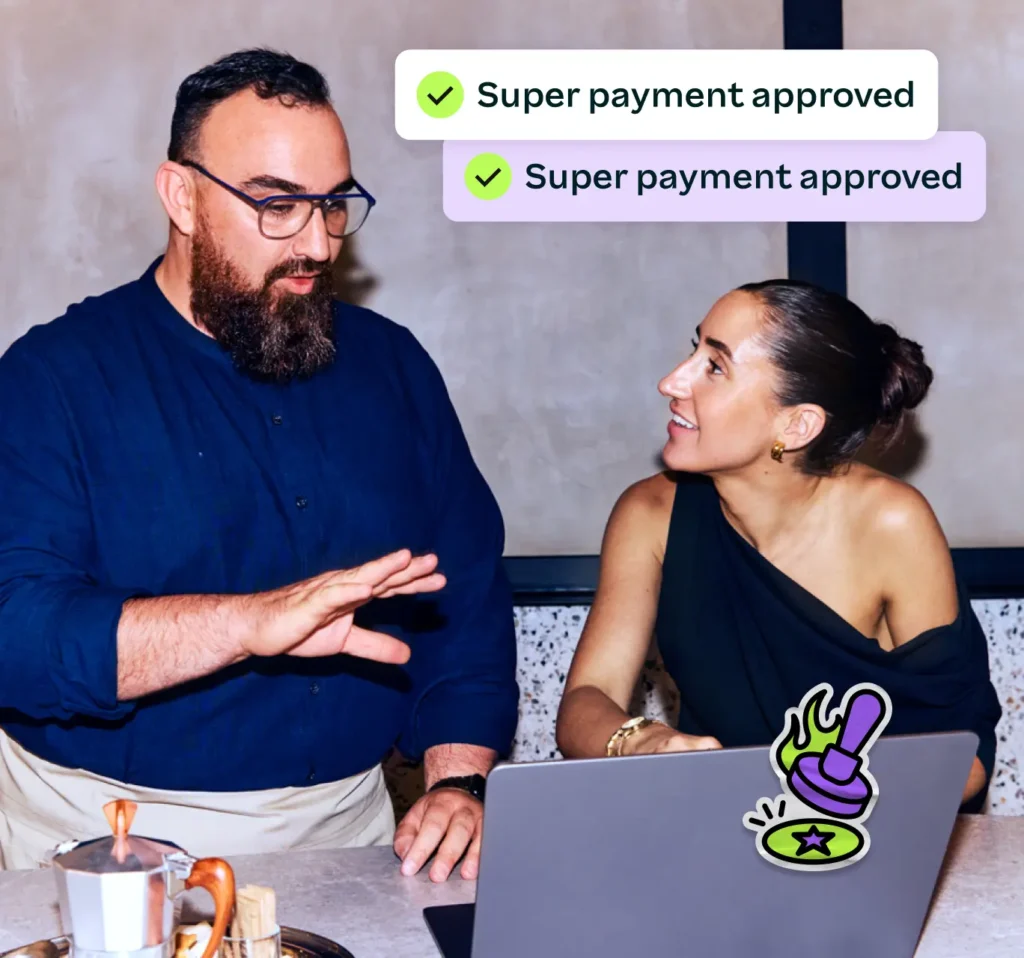 A man and woman are discussing at a table with a laptop. Text bubbles show "Super payment approved" with check marks. The mood is positive and collaborative.