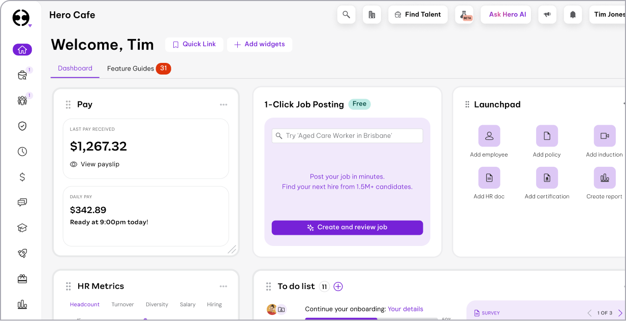 Hero recruitment dashboard showing candidate pipeline