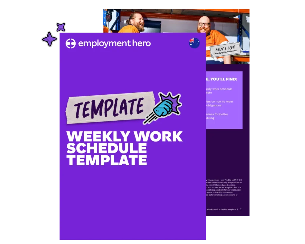 A stacked preview graphic showcasing the purple cover and internal layout of the Employment Hero employee work schedule template.