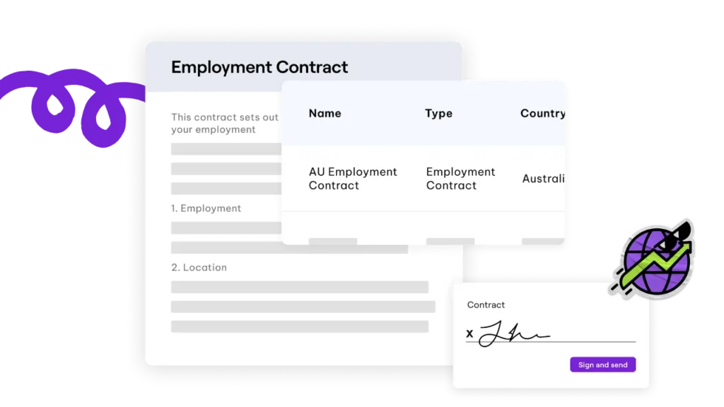 A digital interface mockup for an employment contract renewal, displaying a document, a contract list, and a digital signature box with a 'Sign and send' button.