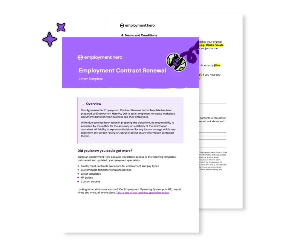A preview graphic of the Employment Hero employment contract renewal letter template, featuring the purple cover page stacked over a sample document.