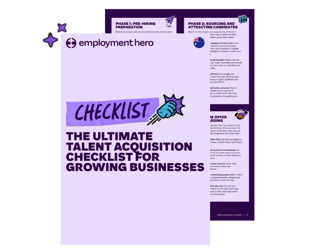 A stacked preview graphic showing the purple cover and internal layout of the Employment Hero talent acquisition audit checklist.