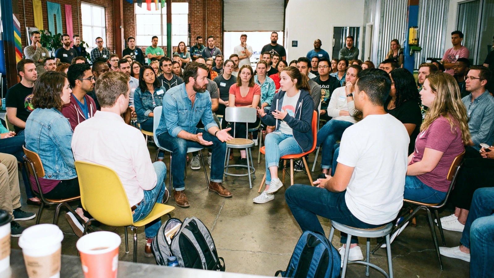 A diverse group of people sit in a large circle in a bright room with brick walls. Two individuals in the center engage in animated discussion. The atmosphere is lively and attentive.