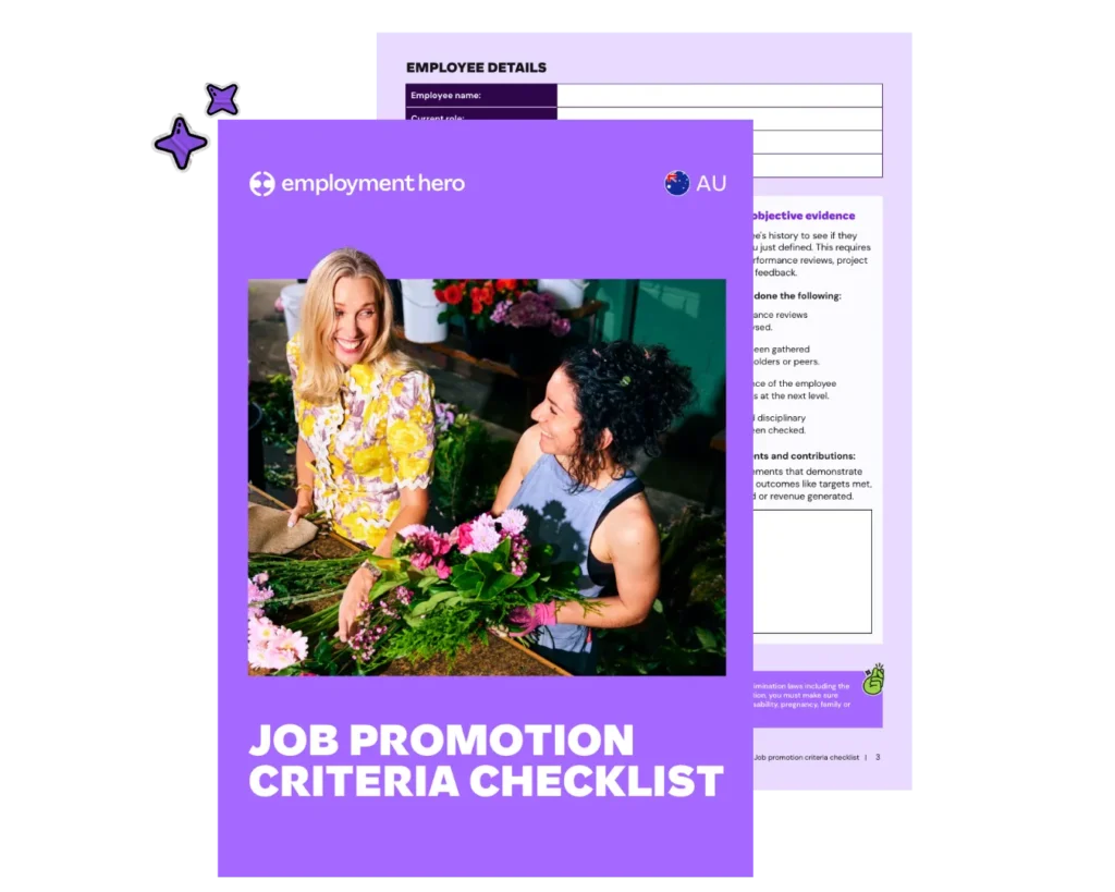 A stacked preview graphic of the Employment Hero job promotion criteria checklist, highlighting internal pages that guide Australian employers through defining role criteria and gathering objective evidence.
