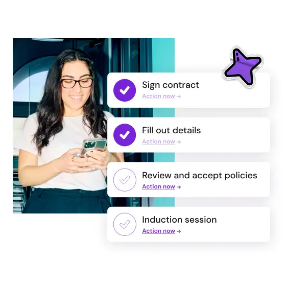 A smiling woman with glasses looks at her phone. Beside her, digital checklists show tasks: sign contract, fill out details, and more. Tone: productive.