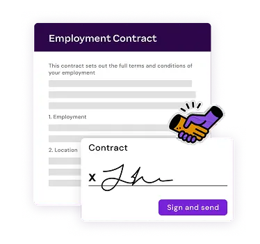 Employment contract graphic with purple header and handshake icon. Below, a digital signature section reads "Contract," with a "Sign and send" button.