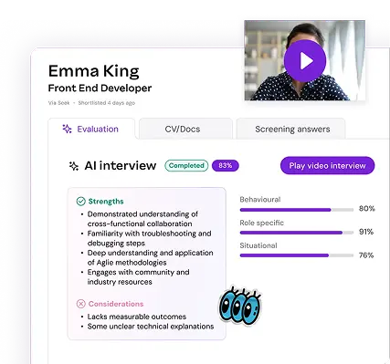 Alt text: "Job candidate profile for Emma King, a Front End Developer. Includes AI interview insights with strengths and considerations, and a play video option."