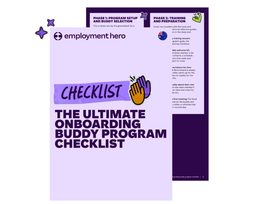 A stacked preview graphic of the Employment Hero ultimate onboarding buddy program checklist, showing the purple cover and an internal guide for setting up an Australian workplace buddy system.