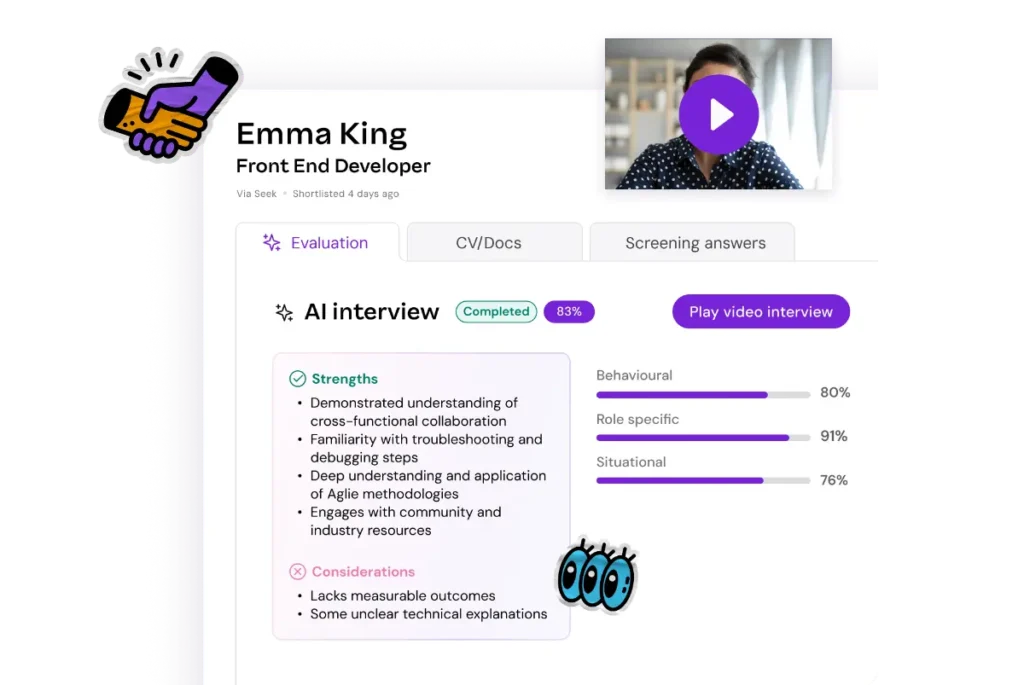 Alt text: "Profile summary of a front-end developer showing AI interview results, with strengths and considerations. Includes progress bars and a video play icon."