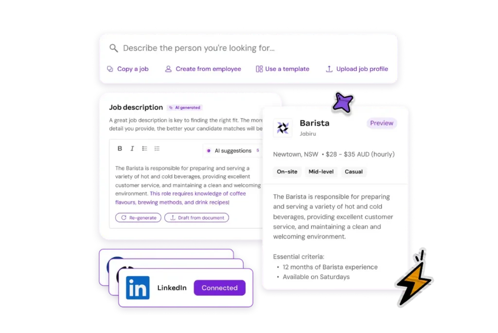 Alt text: "Digital job posting interface for a Barista position, highlighting requirements and salary in Newtown, NSW. Includes LinkedIn connection and icons."