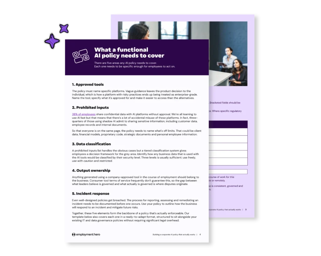 Document titled "What a functional AI policy needs to cover" includes guidelines on AI tools, inputs, data classification, ownership, and incident response.