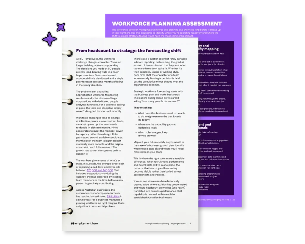 A document features bold text titled "From headcount to strategy: the forecasting shift" on a white page with a three-ring binder design. Behind it, a purple sheet is visible labeled "Workforce Planning Assessment." The tone is professional and informative.