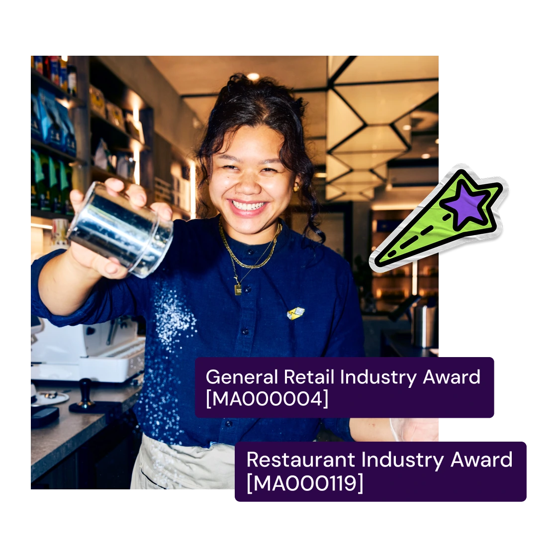 Barista smiling while pouring with a milk frothing pitcher. Two award names and codes appear, highlighting retail and restaurant industry achievements.