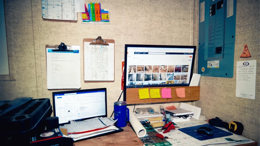 A cluttered workspace with two monitors displaying webpages, clipboards with papers on the wall, colorful sticky notes, and various office supplies on a wooden desk.