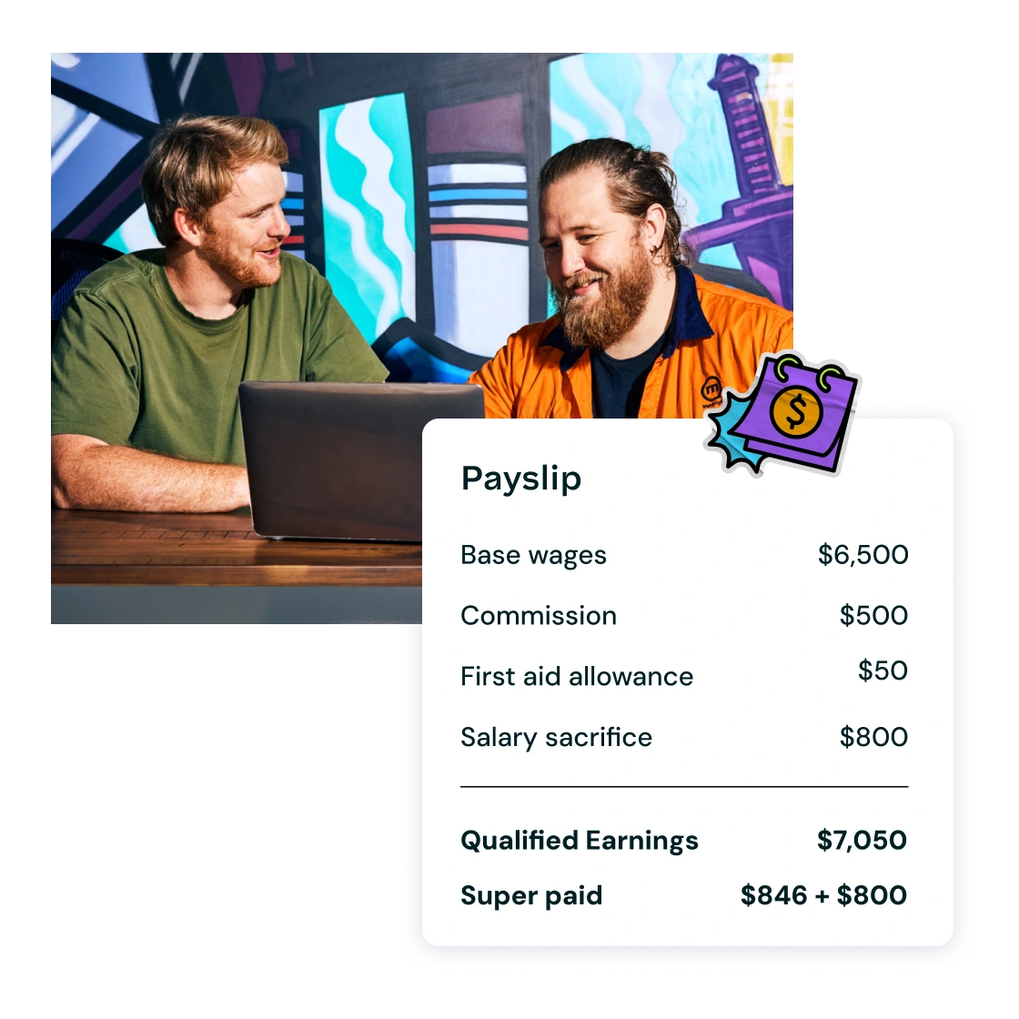 Two men smiling at a laptop with colorful graffiti background. Overlay of a payslip showing base wages, commissions, and total earnings. Emotion: positive.