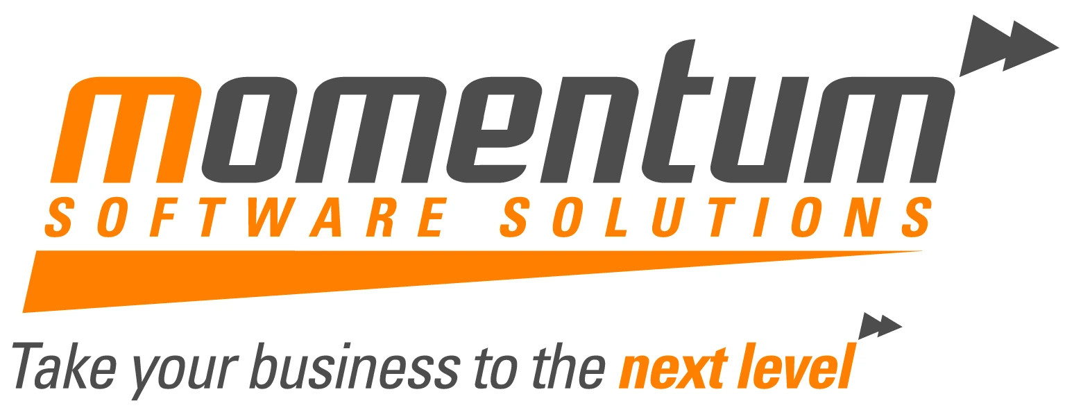 Logo reads "Momentum Software Solutions" in bold gray and orange text with a dynamic arrow design. Tagline: "Take your business to the next level."