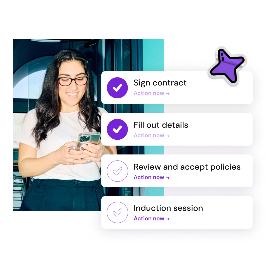 A smiling woman with glasses looks at her phone. Beside her, digital checklists show tasks: sign contract, fill out details, and more. Tone: productive.