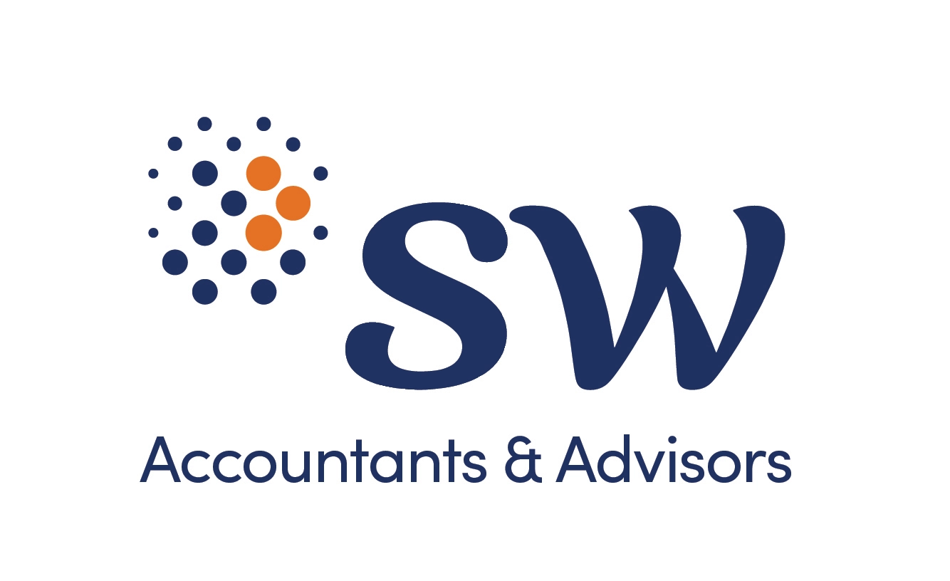 Logo for SW Accountants & Advisors. Features "SW" in bold navy font with scattered blue and orange dots forming a circular pattern on the left.