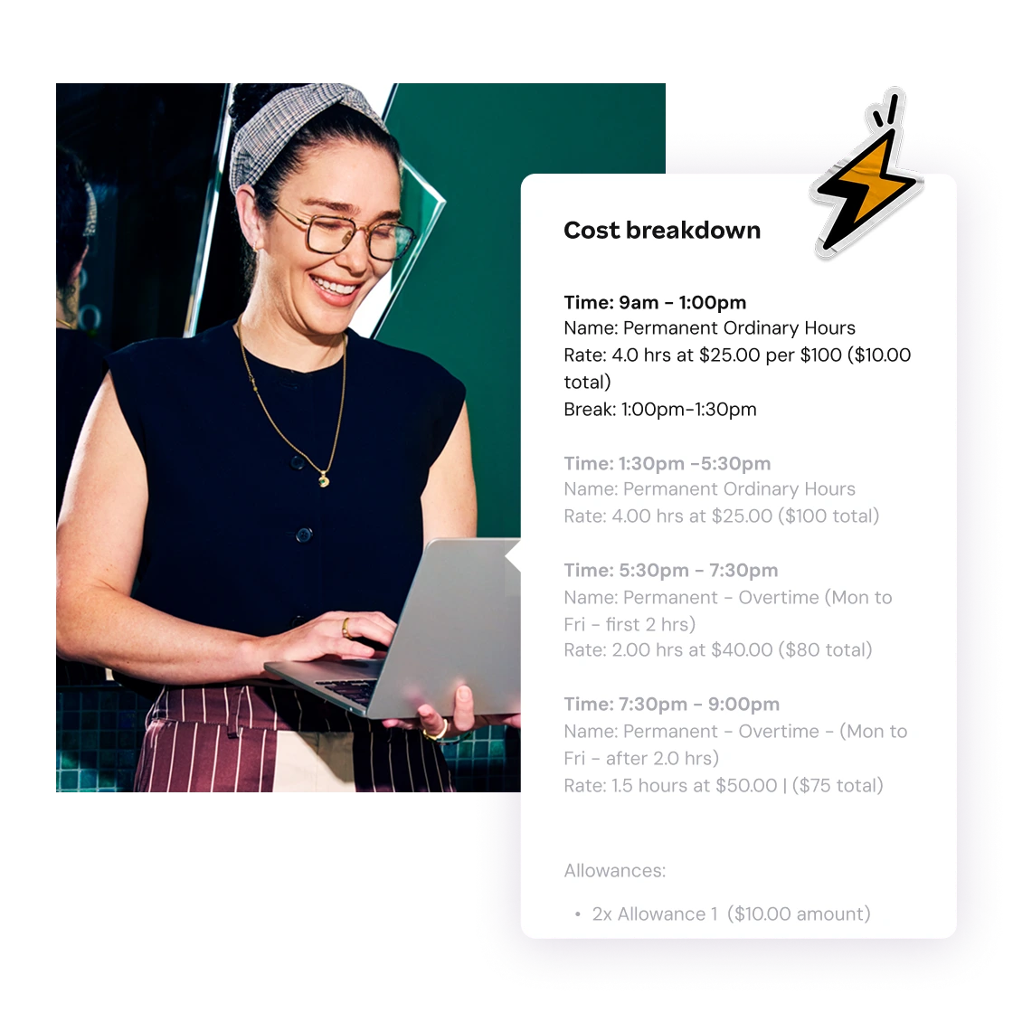 Smiling woman wearing glasses uses a laptop. Next to her is a cost breakdown chart showing work hours and rates, with a lightning bolt icon.