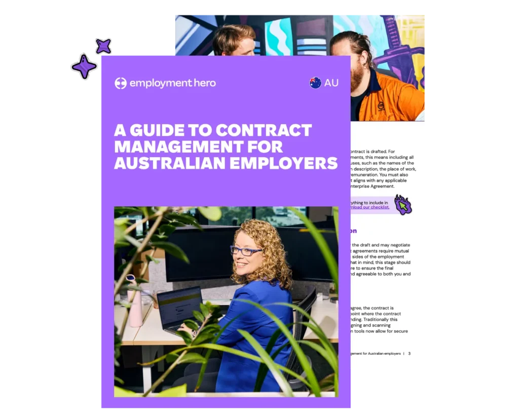 A stacked preview graphic of the Employment Hero guide to contract management for Australian employers, featuring the purple cover with an Australian flag and an internal page showing a smiling woman working at her desk.
