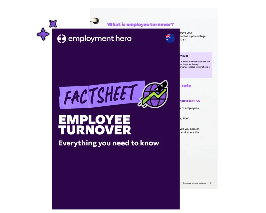 A stacked preview graphic of the Employment Hero Employee Turnover Factsheet for Australian businesses, showing the dark purple cover and an internal page explaining how to calculate your employee turnover rate.