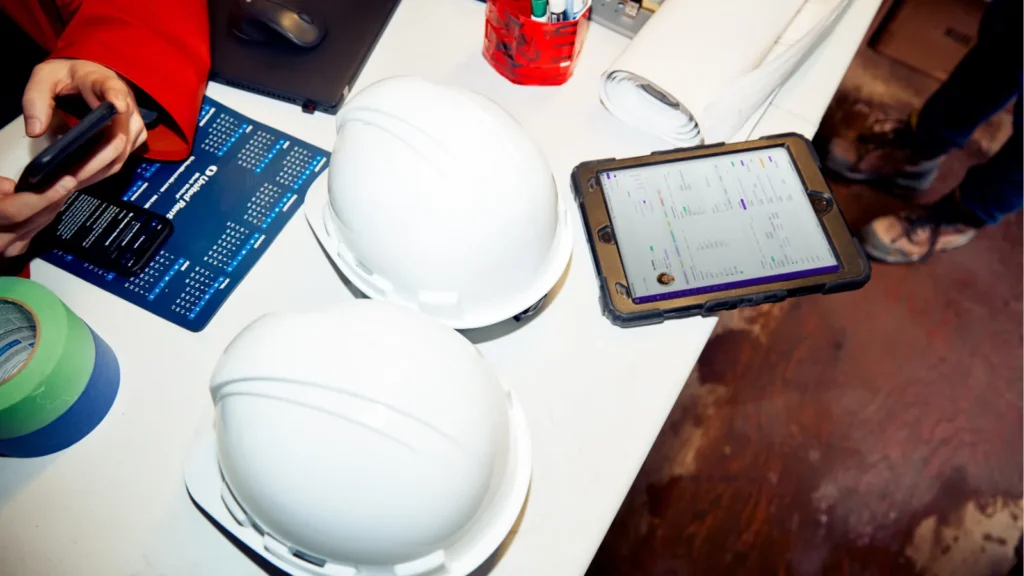 A rugged tablet displaying Employment Hero's payroll software resting next to two white hard hats on a construction site table, demonstrating how employers can easily manage super for contractors and subcontractors from anywhere.