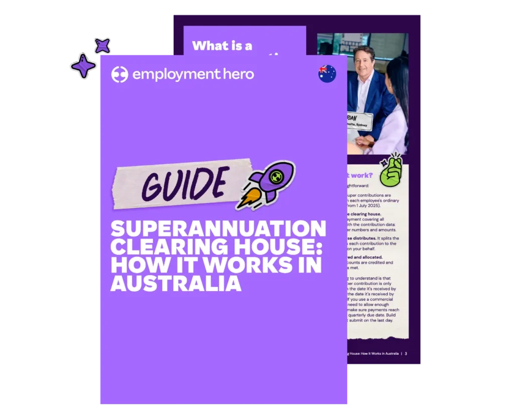 A stacked preview graphic of the Employment Hero Superannuation Clearing House guide, showing the purple cover with an Australian flag and an internal page detailing how the clearing house system works.