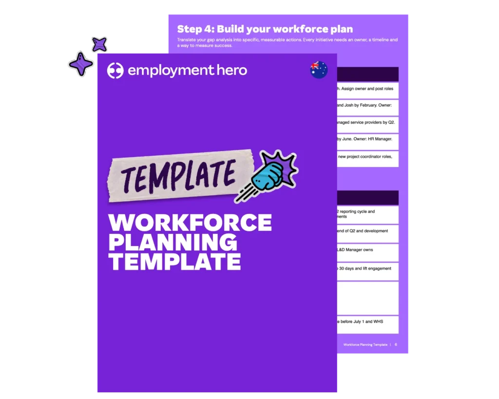 Purple cover with bold white text: "Workforce Planning Template" by Employment Hero. Features dynamic graphics and a blue fist icon for emphasis.