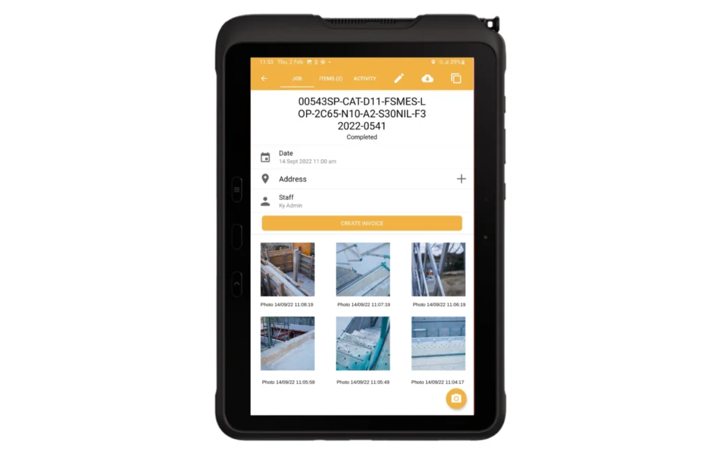 A tablet screen displays a completed job form with a job number, date, and staff details. Below, there are six thumbnail images of construction work.