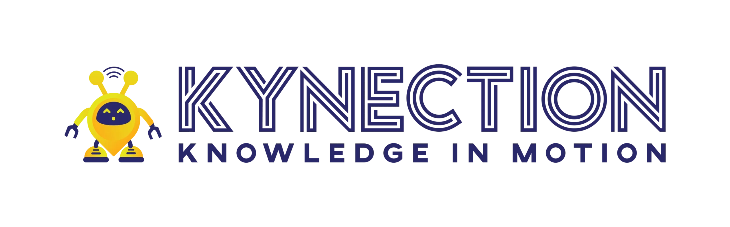 A yellow robot with antennas stands next to the text "Kynection" in bold purple, with the slogan "Knowledge in Motion" beneath on a black background.