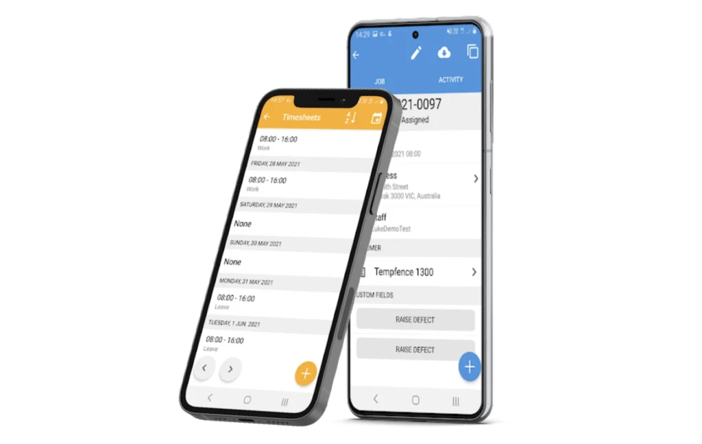 Two smartphones display apps; the left shows a timesheet with dates and hours, while the right shows a job management screen with task details.