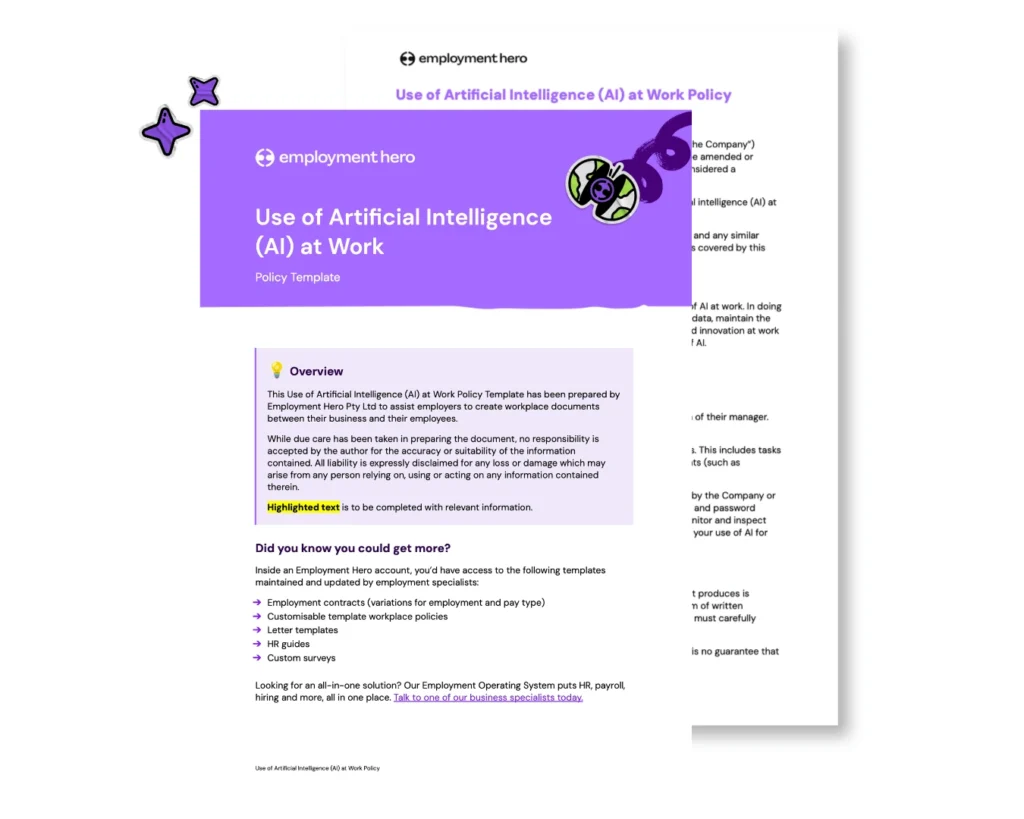  A policy document titled "Use of Artificial Intelligence (AI) at Work" by Employment Hero. The vibrant purple header features a gear icon, conveying a modern tech theme. Below is an overview section highlighting document guidelines. The design is clean and professional, with highlighted text and icons providing clarity and visual interest.