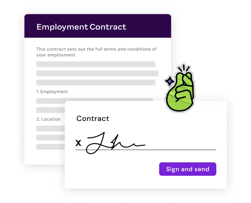 A graphic illustrating a software interface for document signing. It displays a document labeled "Employment Contract" alongside a prominent green signature graphic, representing a digital sign-off process.