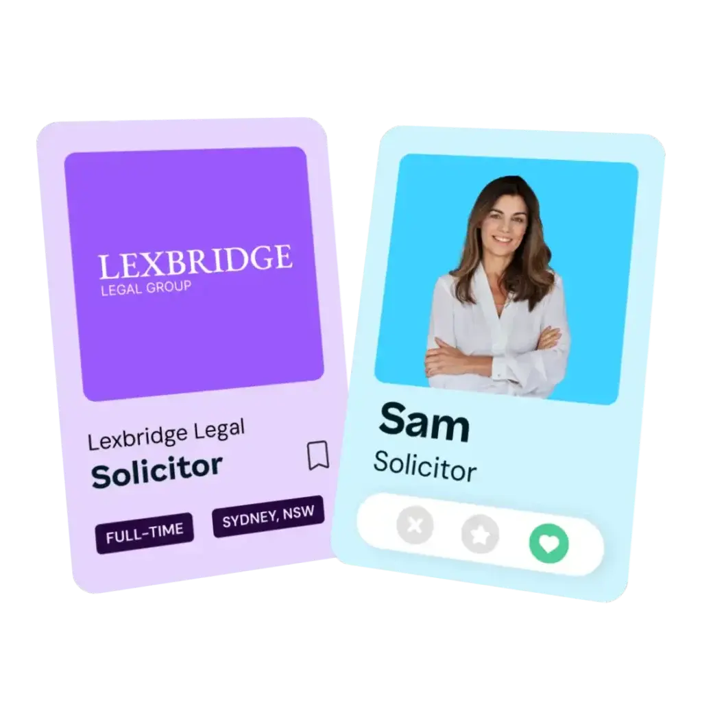 A graphic illustrating a mobile app interface with a digital profile card featuring a photo of a woman named Sam, with the job title Solicitor.