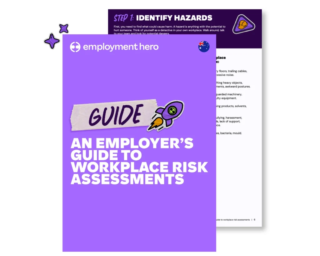 Purple guide cover with white text: "An Employer's Guide to Workplace Risk Assessments." Features a rocket icon and "Employment Hero" branding.