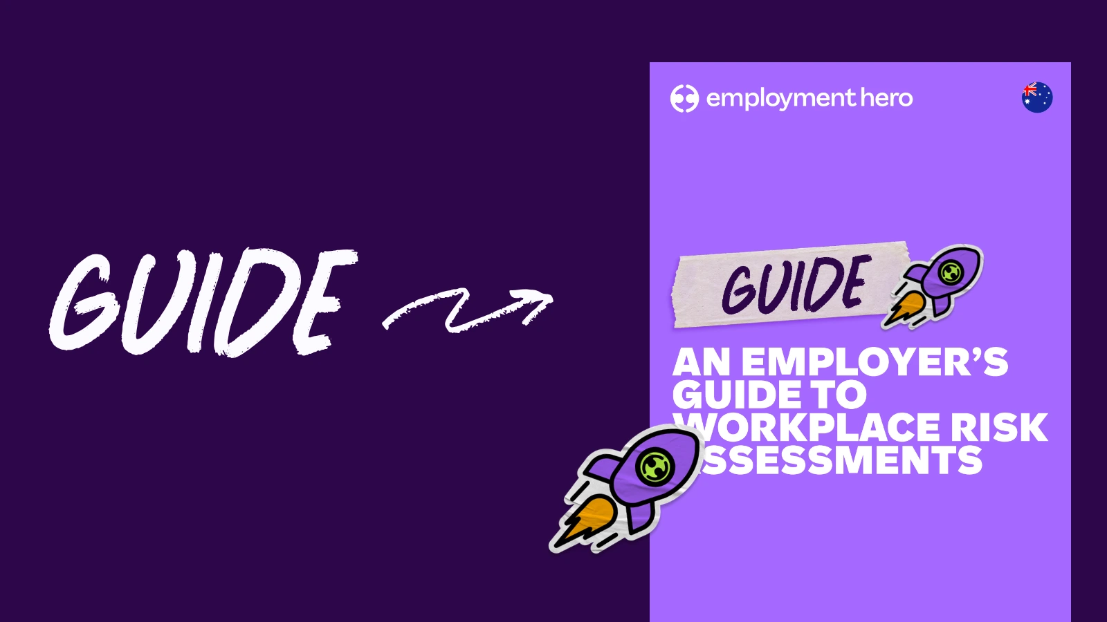 Purple graphic reading An Employer's Guide to Workplace Risk Assessments by Employment Hero, featuring stylized cartoon rocket icons.