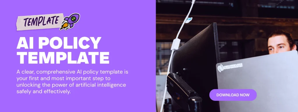 A promotional banner advertising a downloadable AI policy template alongside an image of a professional working behind computer monitors.