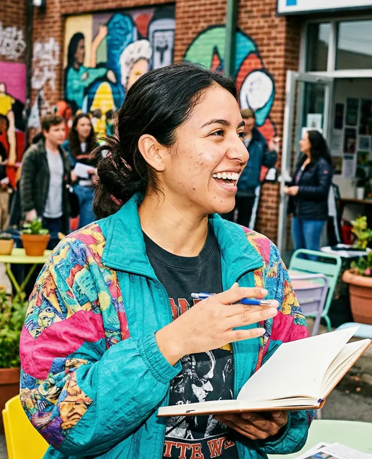 A smiling woman in a colorful jacket holds an open notebook and pen while conversing outdoors near a mural.