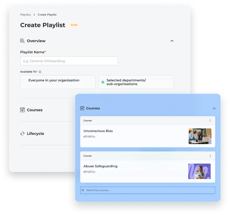 Create Playlist screen showing organisation access settings and selected courses, including Unconscious Bias and Abuse Safeguarding.