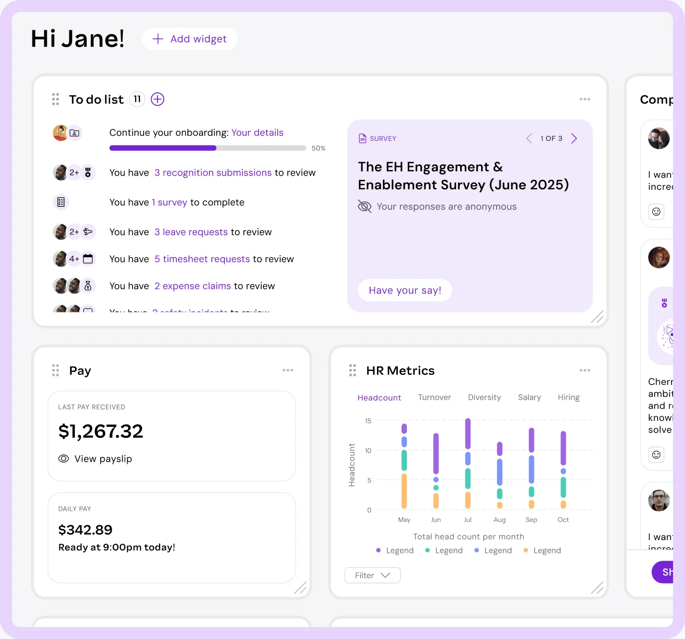 Employment Hero dashboard showing a to-do list, pay summary, HR metrics chart and company feed