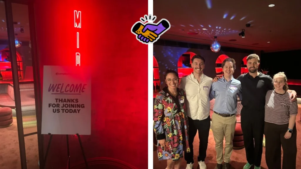 Collage showing a welcome sign and a group of five attendees posing together at the Employment Hero 'Hero Hour' event in Sydney.