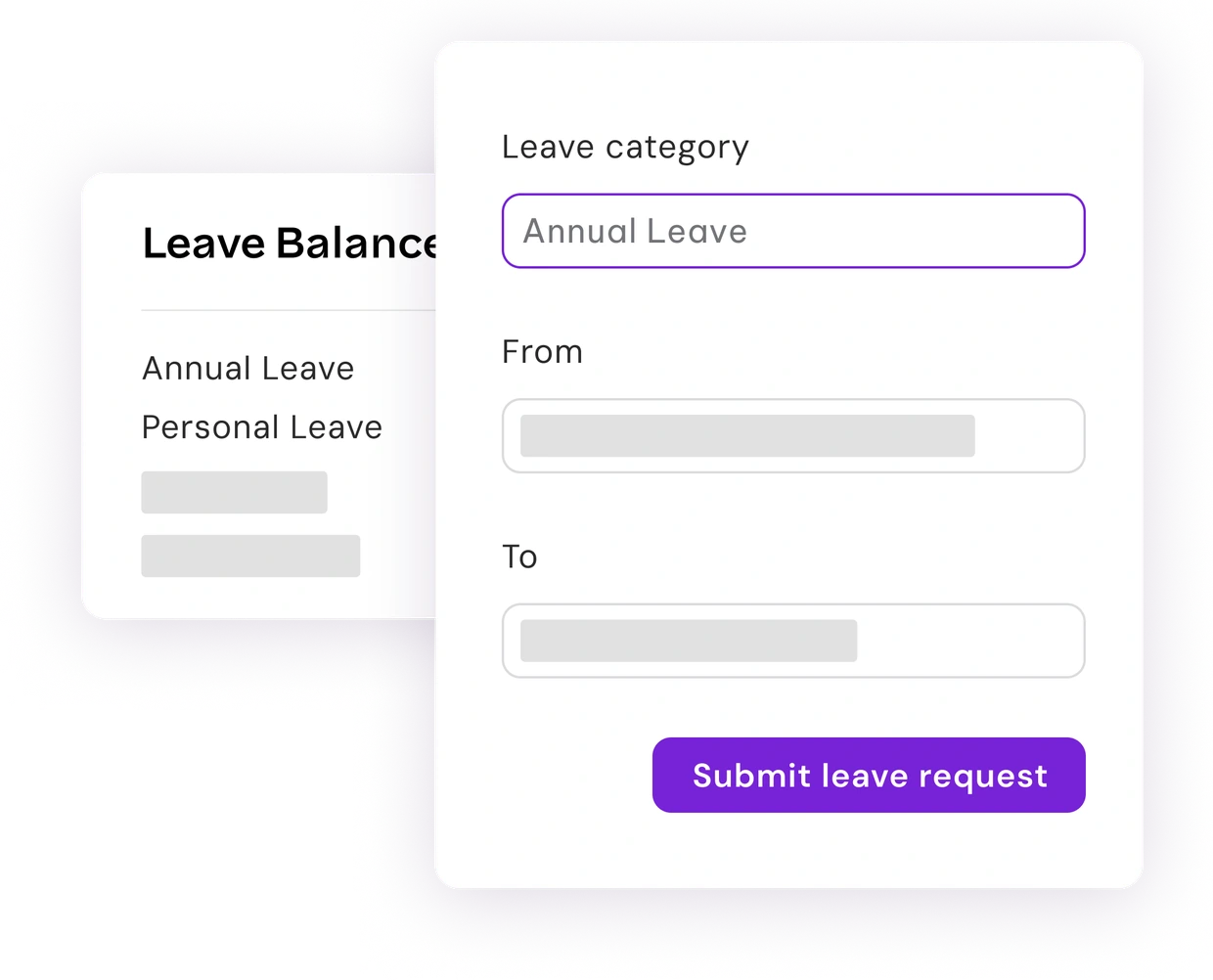 Leave balance card and a submit leave request form with leave category, from and to dates