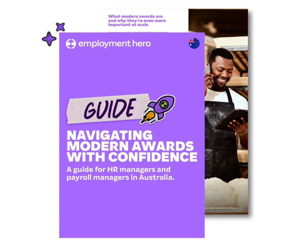 A purple Employment Hero guide cover titled "Navigating Modern Awards With Confidence" for HR and payroll managers in Australia.