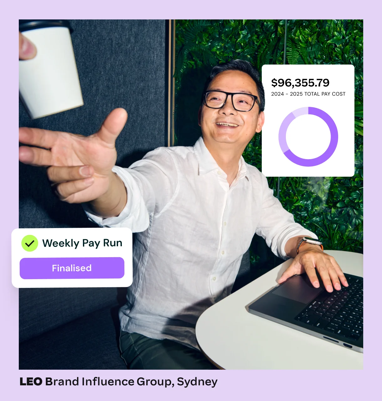 A payroll administrator at a laptop, with a weekly pay run marked finalised and a total pay cost breakdown