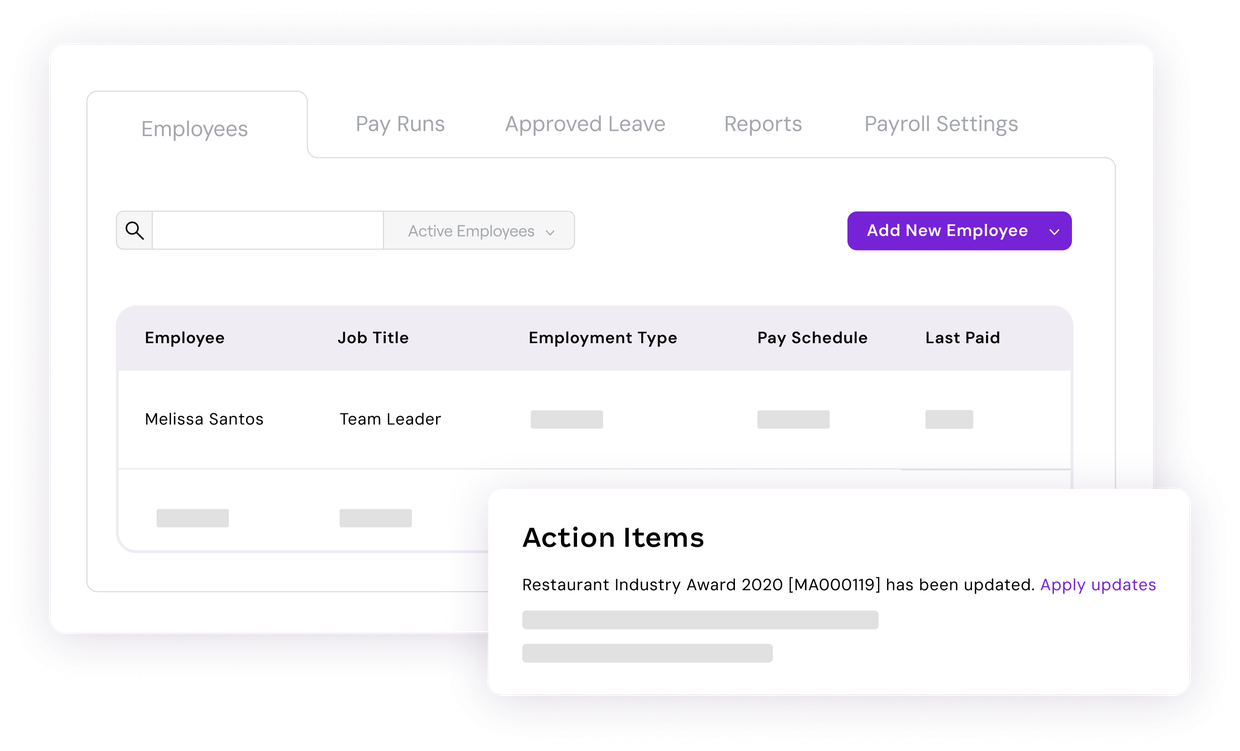 Payroll dashboard with employees, pay runs and approved leave tabs, and an action items panel flagging an updated industry award